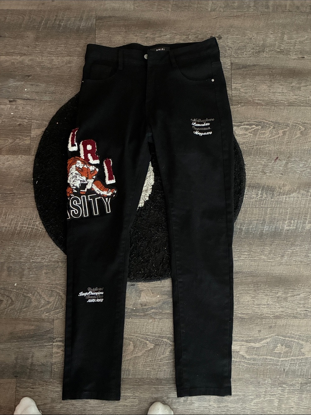 AMIRI Black Skinny Jeans with Embroidered Tiger and Varsity Patch